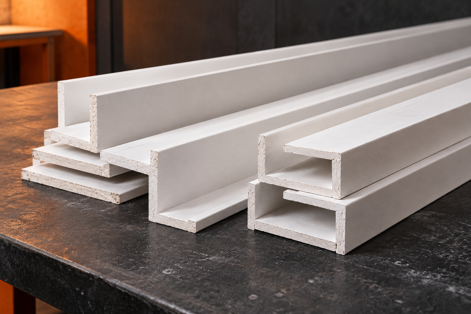 Composición ilustrativa de perfiles blancos de placa de yeso laminado sobre una superficie de taller
